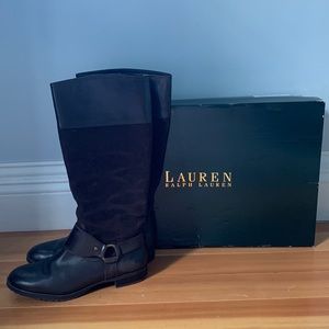 Size 8.5 Ralph Lauren dark brown suede and leather boots, low heel.